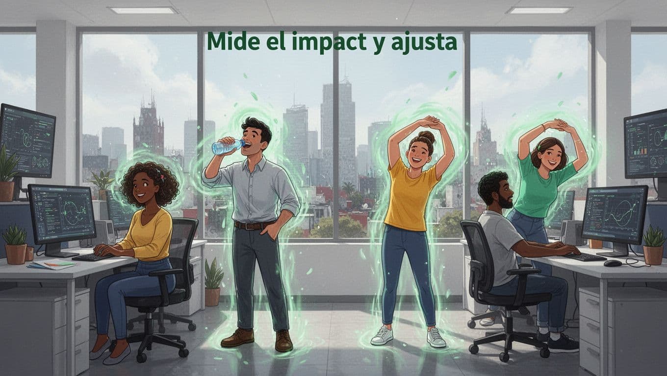 Diverse team of four returns to desks with renewed energy after micro-pauses in a high-tech CDMX office, one drinking water and another stretching, with skyline visible through window.