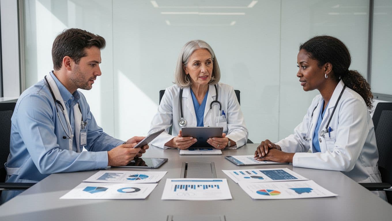 Equipo de tres profesionales de la salud diversos —dos mujeres y un hombre— en una sala de reuniones, enfocados en discutir informes de resultados de salud mental en tablets y papeles sobre una mesa de conferencias con gráficos visibles.