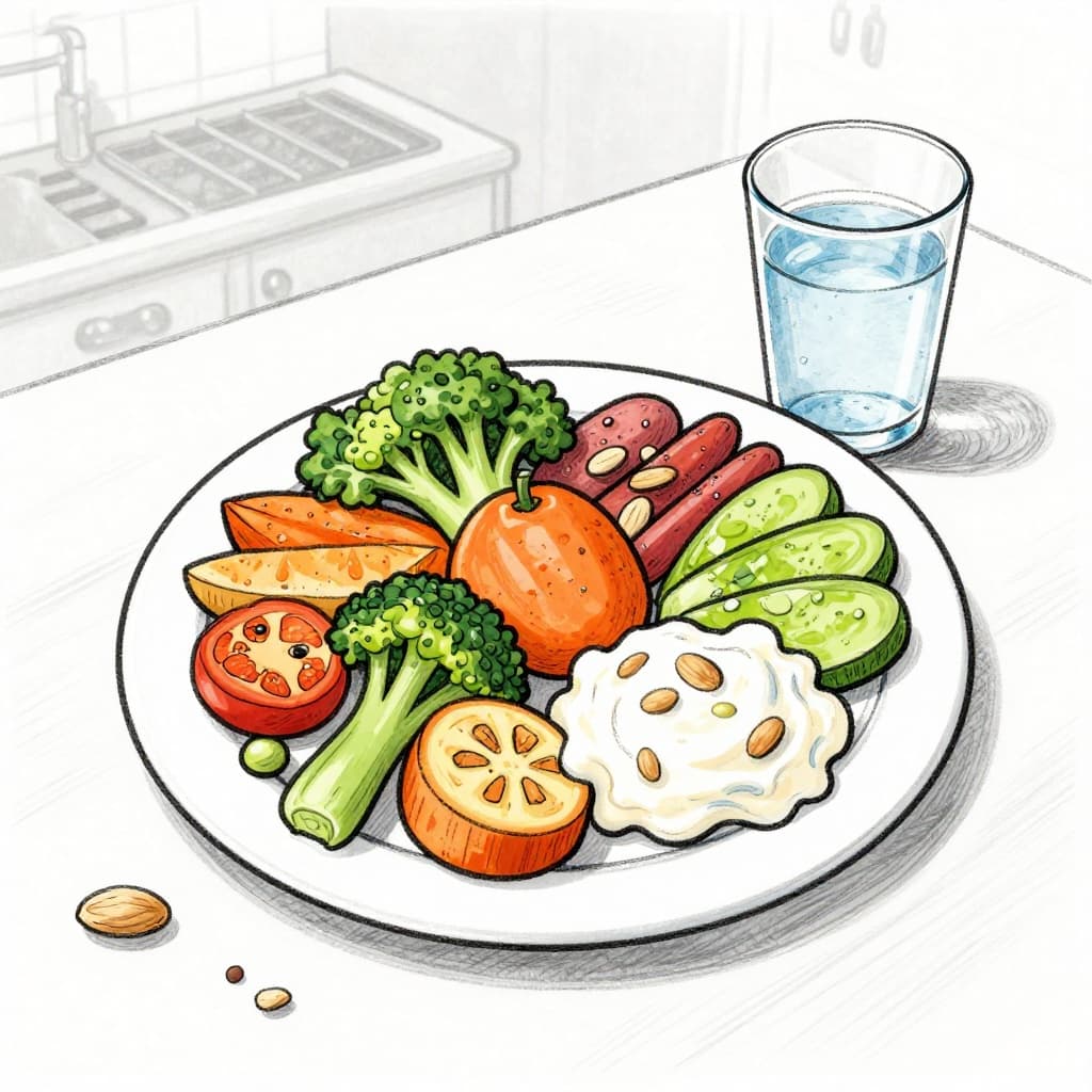 Top-down hand-drawn sketch of a balanced meal on a table with colorful vegetables, fruits, nuts, yogurt, and a glass of water in a simple kitchen setting.