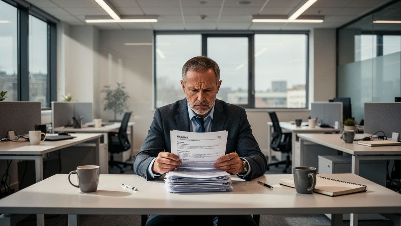 Modern open-plan office with five empty desks scattered with personal items like coffee mugs and notebooks. Middle-aged manager in foreground looks stressed sorting through resumes under soft natural and fluorescent light.