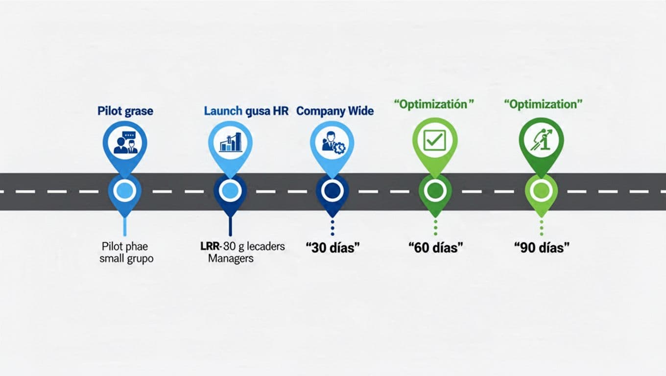 Minimalist timeline graphic visualized as a road with milestones for pilot phase small group, company-wide launch, and optimization check, featuring icons for HR leaders and managers in clean modern blues and greens style.