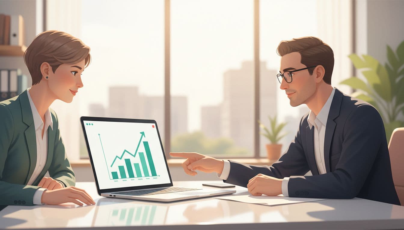 Two HR executives in a bright Mexico City office review a laptop dashboard with simple upward-trending graphs for micro-pauses participation metrics, using teal #14B8A6 accents and modern clean illustration style.