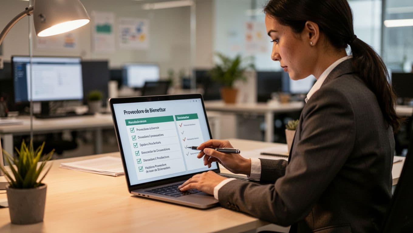 A focused solo HR leader reviews a wellness providers checklist on a laptop at an office desk, blurred office background, realistic photographic style with warm desk lighting.
