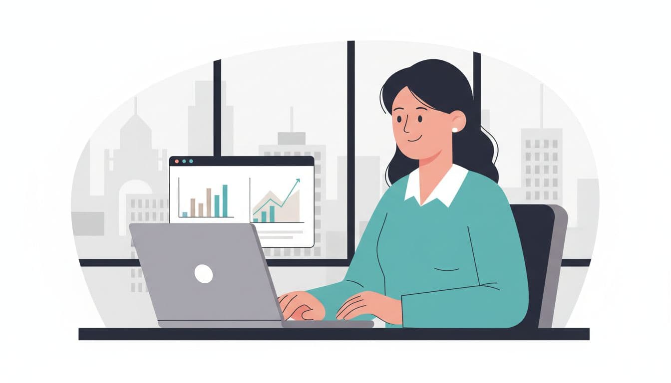 A satisfied HR manager in a modern CDMX office reviews a laptop dashboard displaying simple metrics for employee wellbeing program participation and engagement, with neutral-colored bar and line graphs highlighted in teal, minimalist skyline background.