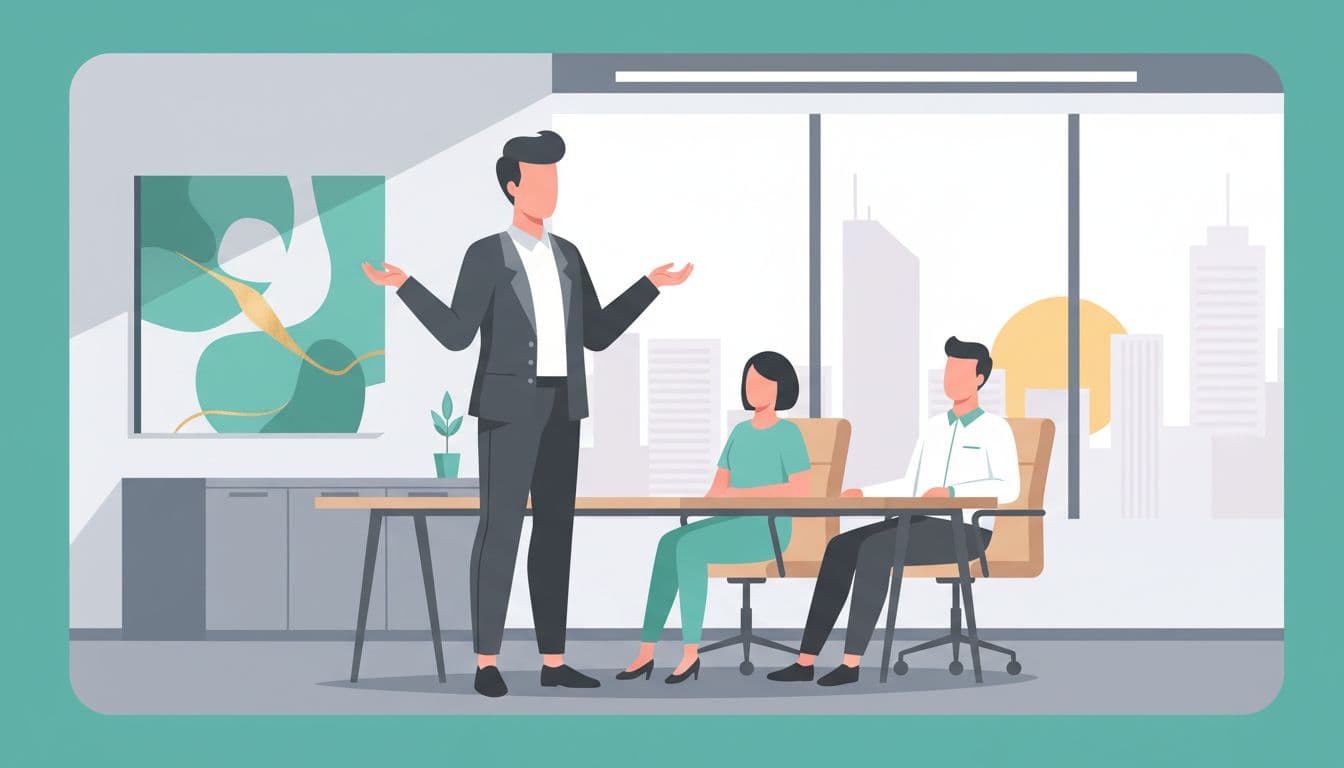 HR manager stands with open palms guiding breathing exercise in conference room, two team members seated calmly behind.