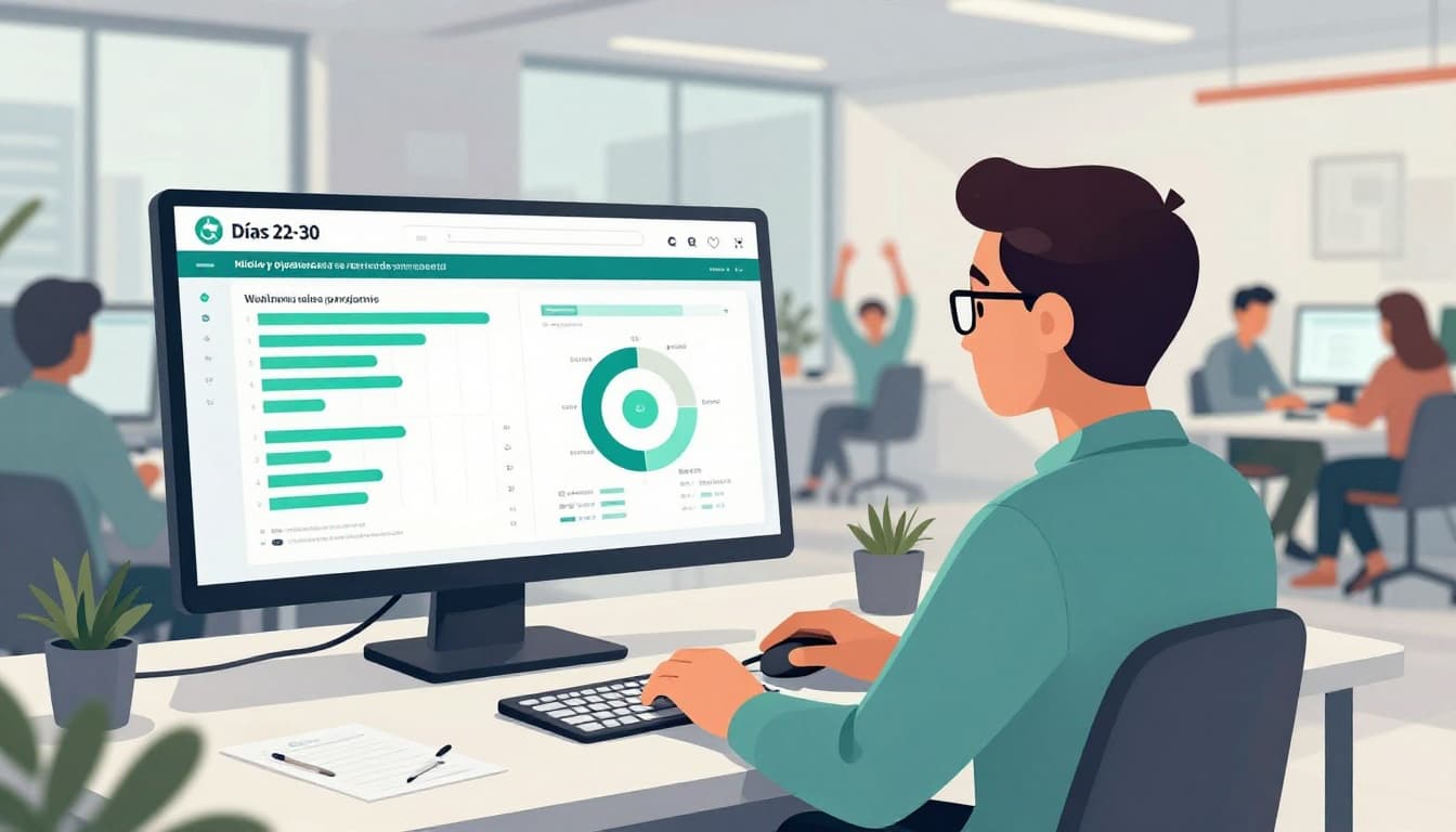 Modern illustration of an HR manager in a CDMX office reviewing dashboard metrics for wellness program participation, with a relaxed team practicing pauses in the background, subtle city elements, clean shapes, and soft lighting.