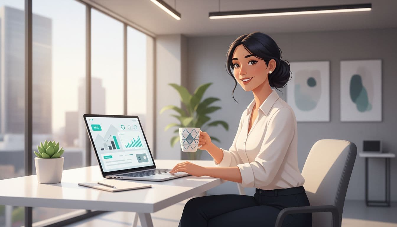 HR manager at desk in modern CDMX office reviews wellness dashboard on laptop, coffee mug nearby.