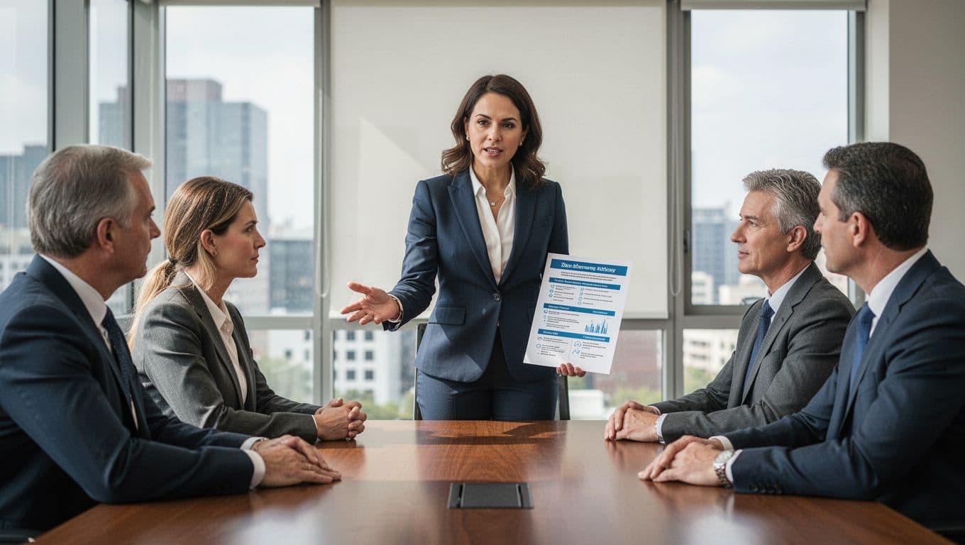 A confident HR professional gestures to a one-page summary document while presenting to three C-suite executives around a boardroom table in natural daylight, realistic corporate style with exactly four people.