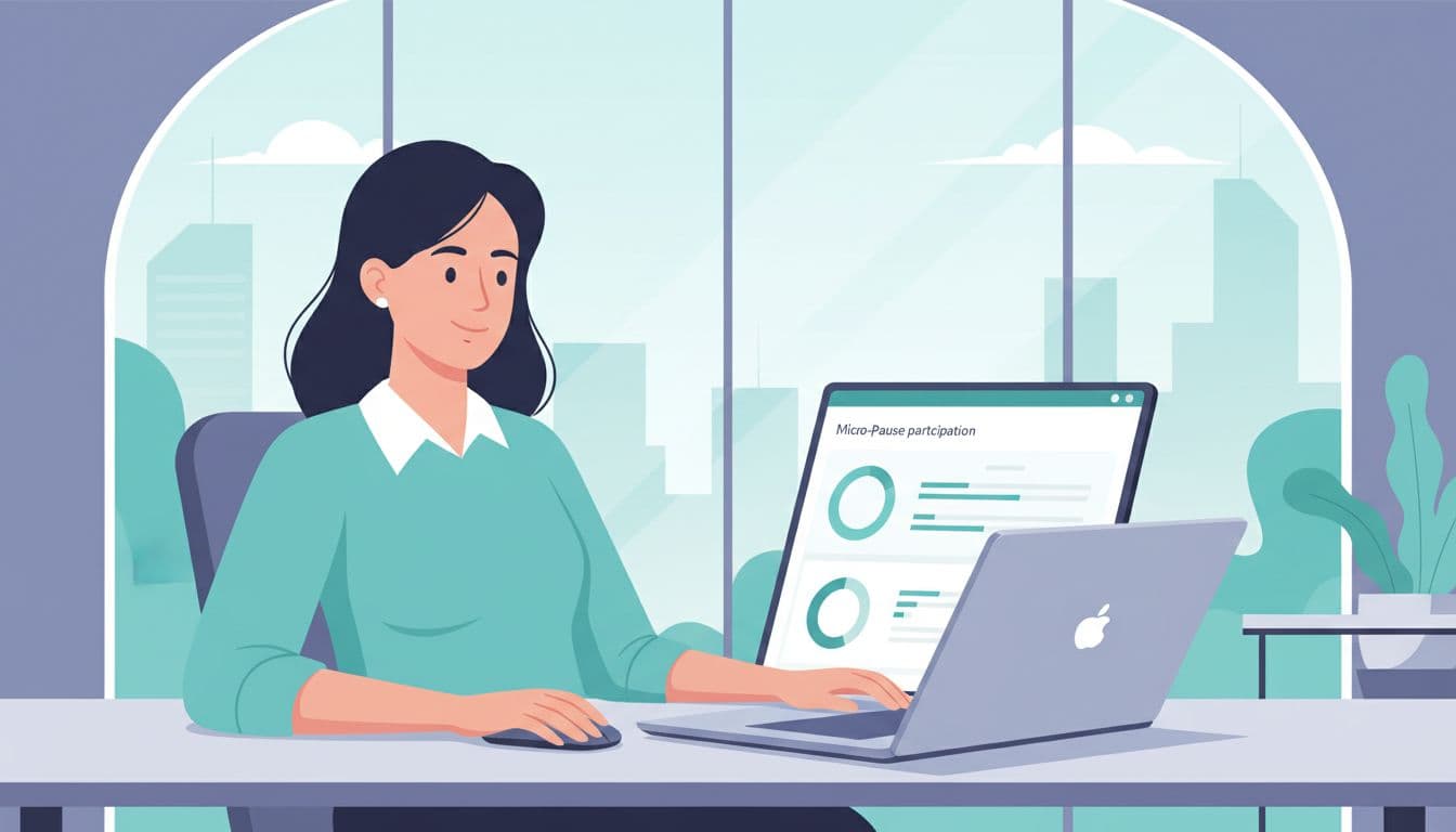 HR professional in modern CDMX office reviews laptop dashboard with micro-pause metrics across branches.