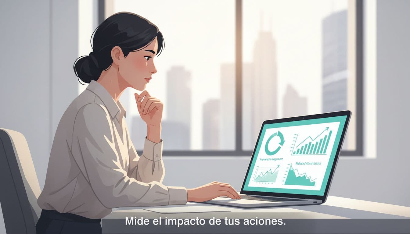 Modern illustration of an HR professional at a desk thoughtfully reviewing laptop dashboard metrics, with charts displaying improved employee engagement and reduced absenteeism in a clean, modern CDMX-style office.