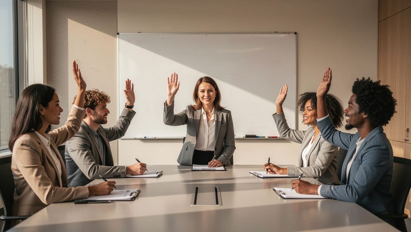 In a professional conference room with warm lighting, an HR professional conducts a team survey on wellbeing, featuring exactly five diverse employees raising hands or noting feedback beside a whiteboard with questions.