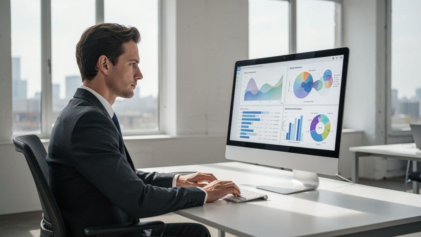 A modern HR dashboard on a computer screen displays wellbeing KPIs including engagement, absenteeism, and burnout in a bright, minimalist office. One person sits relaxed at the desk, hands on keyboard, viewing the screen under natural lighting.