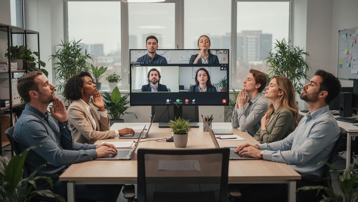 Group of six professionals in a hybrid meeting—four in a modern plant-filled office and two remote on screens—taking a collective deep breath pause with relaxed postures and low-stress vibe under soft lighting.