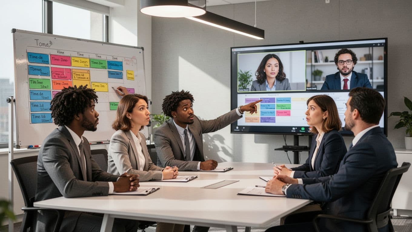 A diverse group of exactly five people in a hybrid meeting: three in an office looking confused at a whiteboard with staggered schedules, two appearing remotely on screens, dynamic photorealistic composition with office lighting.