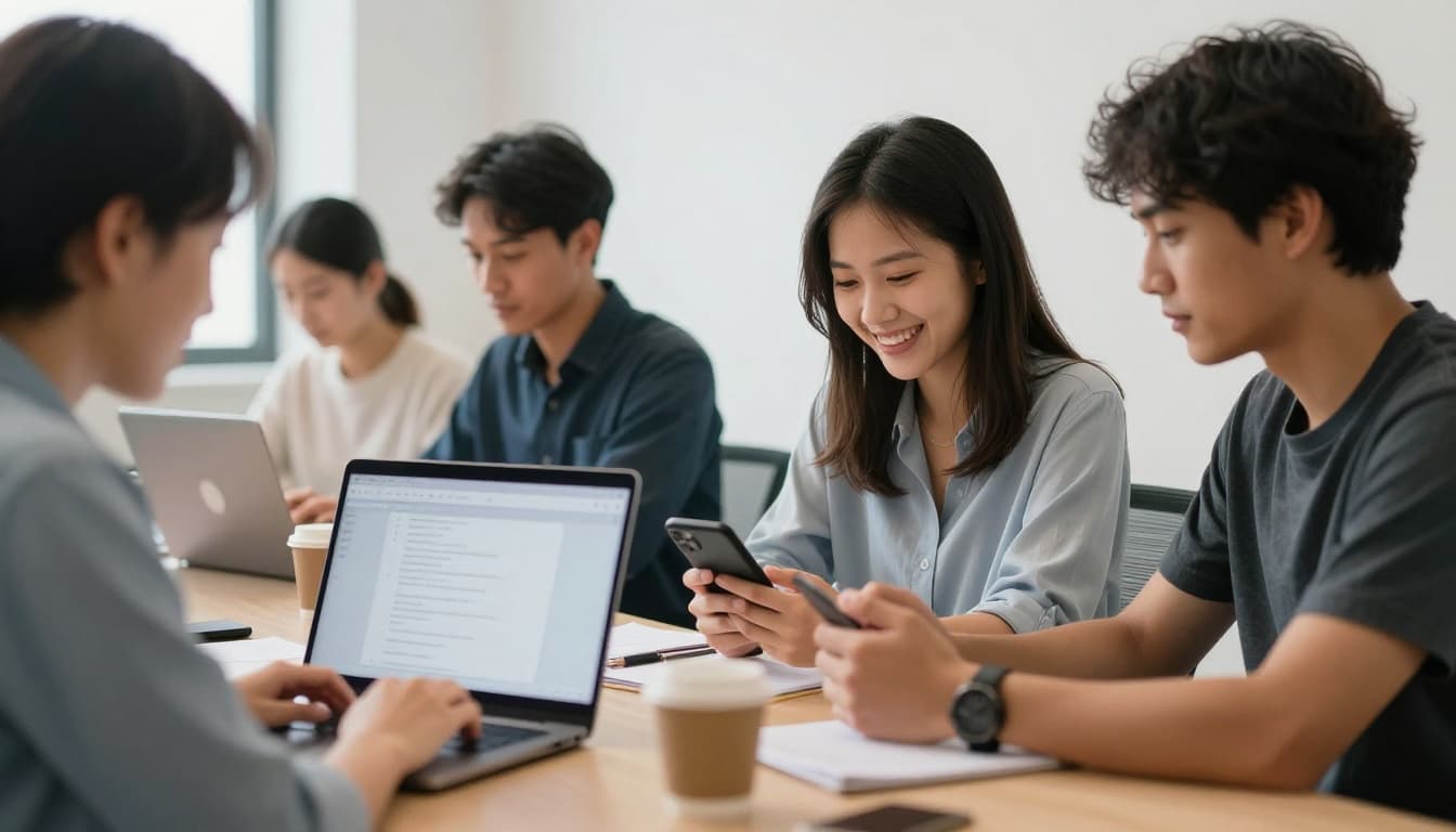 Two office employees in a modern hybrid workspace: one performs a quick breathing exercise on a cellphone, while the other views a discreet notification on a laptop, with coffee on the table and soft natural lighting.