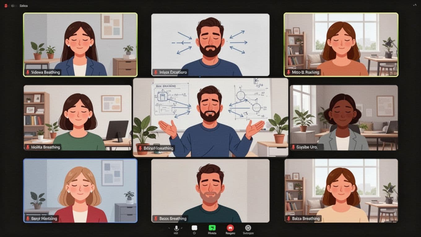 Illustrative depiction of a hybrid team of exactly 8 participants practicing box breathing together on a video call, with calm faces on screens, a guiding leader, office and home backgrounds, dynamic composition in clean modern style.
