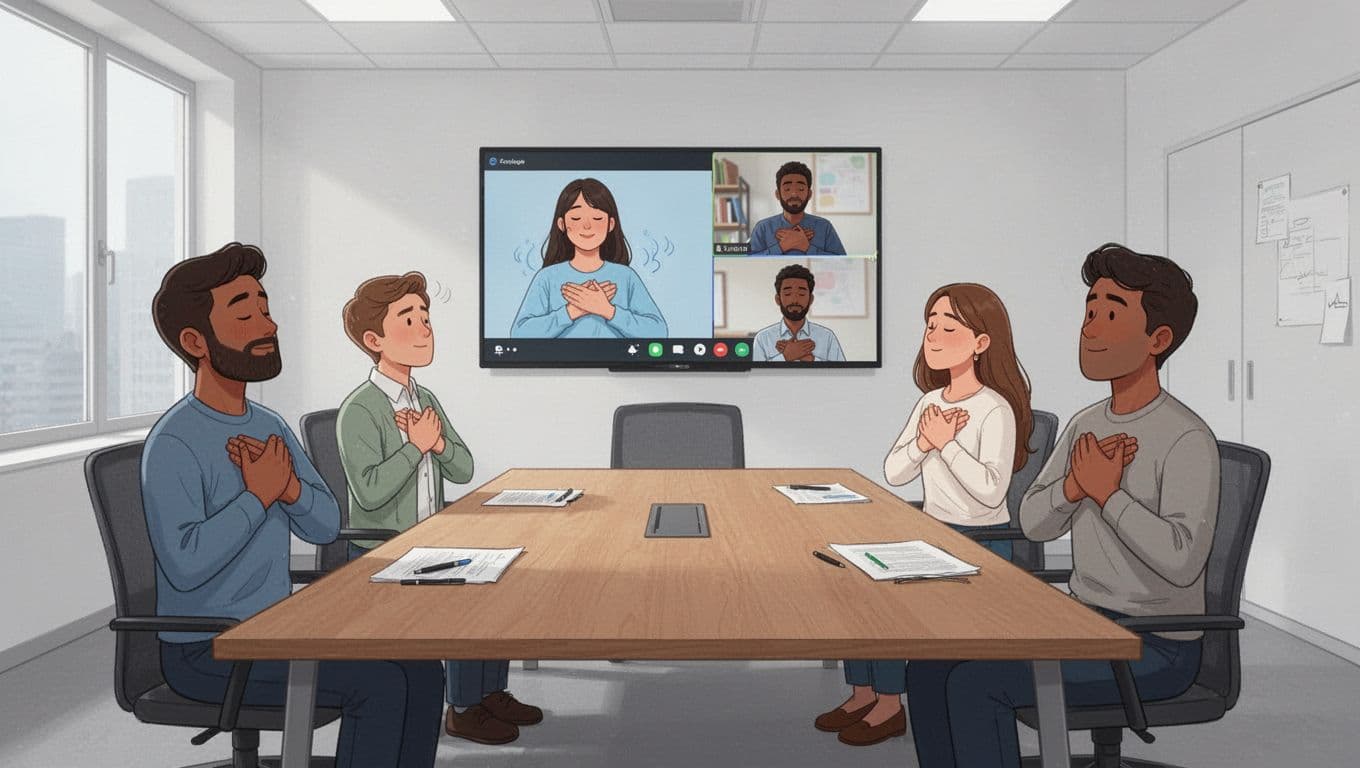 Small group of four colleagues in a hybrid meeting room pausing for a breathing ritual with hands on chests, two in-person and two on screen, relaxed atmosphere in clean minimalist illustration style.