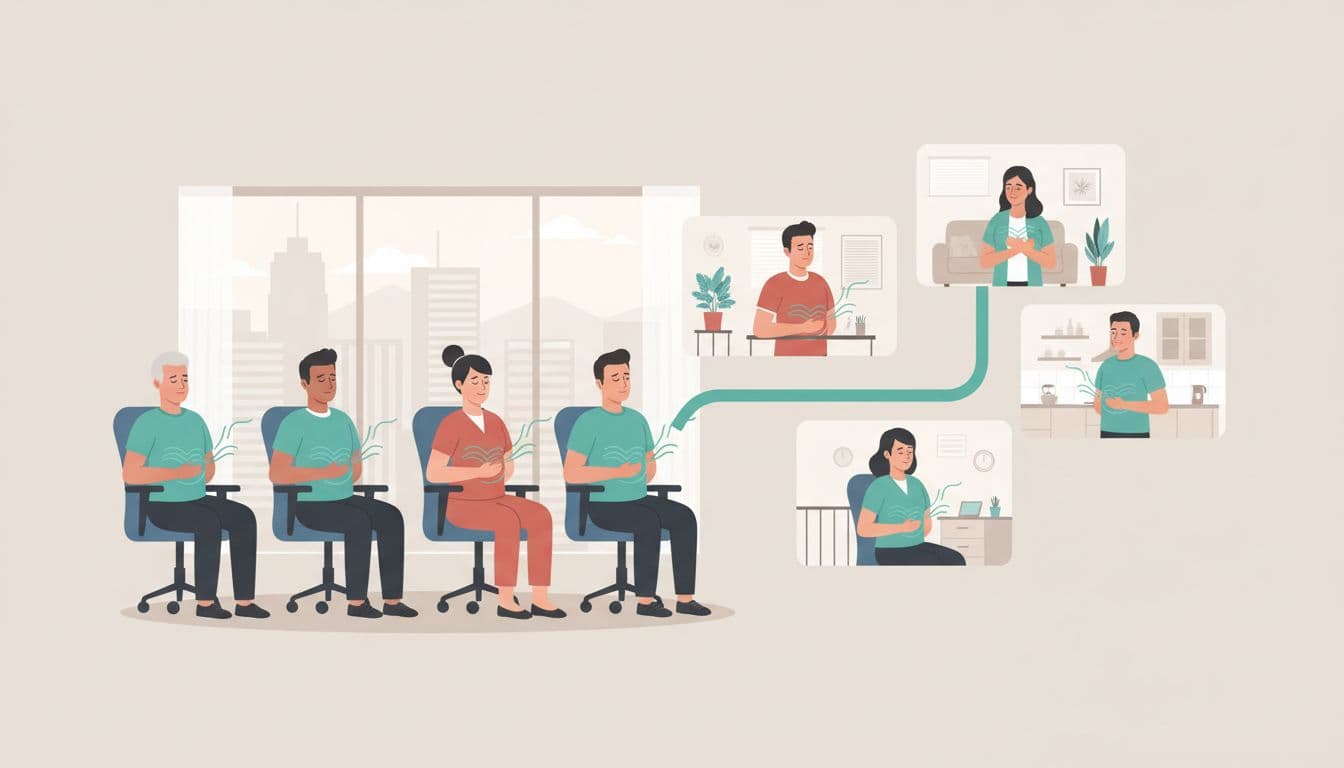 Diverse group of 8 employees (4 in bright CDMX office, 4 remote via video) practicing synchronized deep breathing with hands on abdomen, eyes closed, dynamic modern illustration.