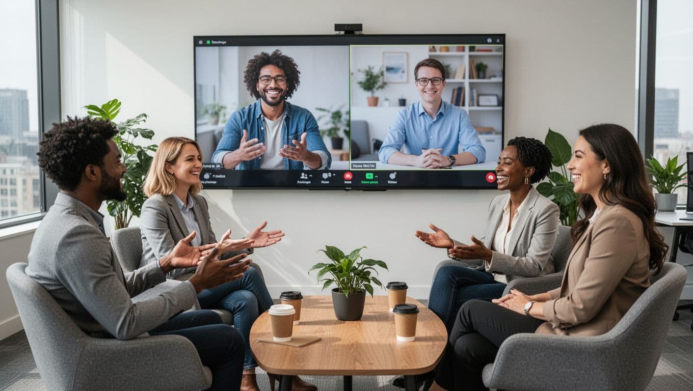A small hybrid team of four diverse professionals shares ideas in a modern conference room, with two sitting in a circle and two appearing on a large wall screen from remote locations. The scene features relaxed postures, natural gestures, smiles, plants, coffee on the table, and bright natural office light in a realistic photo style.