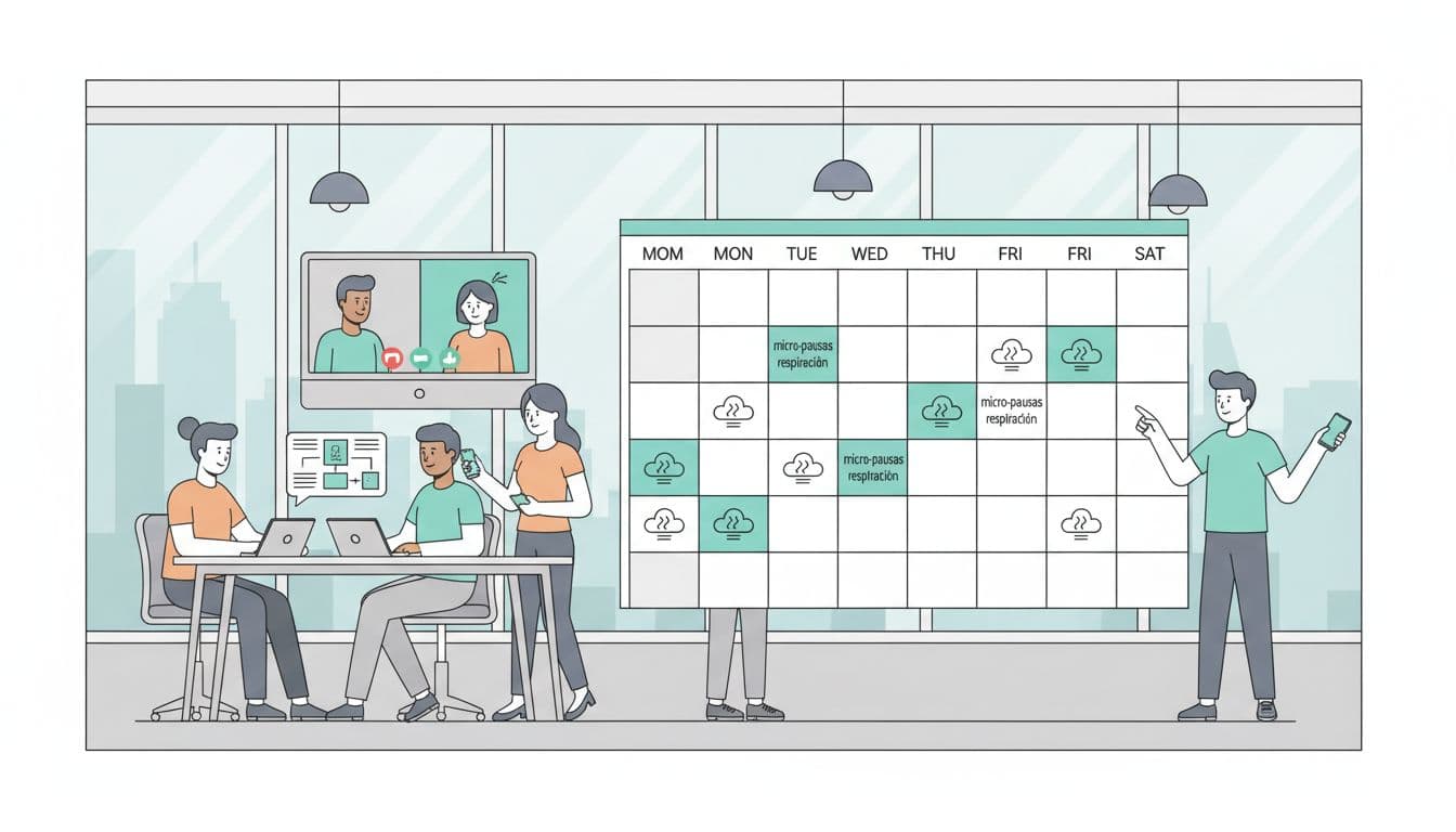 Modern illustration of a weekly calendar with slots marked for team breathing micro-pauses in a hybrid work environment, featuring a diverse team of six in a contemporary CDMX office reviewing a wellness app on tablets and phones with virtual connections. Clean forms, organized composition, clear lighting, teal accent highlights on pauses, simple icons only.