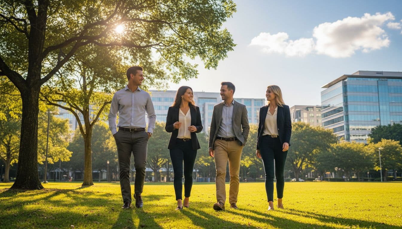 Four hybrid team members, two men and two women, walk casually near their office in a sunny park at midday, chatting relaxed to break stress, natural gestures, vibrant realistic style with green urban backdrop.