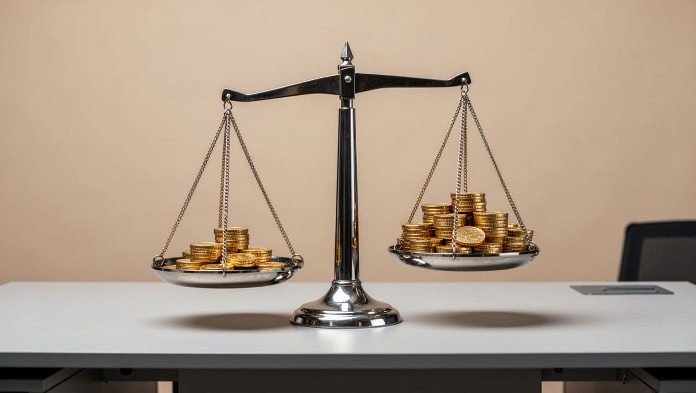 A simple balance scale on an office desk features a smaller pile of gold coins on the left and a larger pile on the right, symbolizing higher costs of presenteeism over absenteeism. Realistic studio lighting on a neutral background with no text or people.