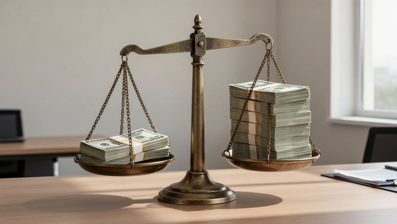 A symbolic scale in a neutral corporate office background shows one side with a pile of Australian banknotes and the other side higher with a larger pile, illustrating cost comparison between absenteeism and presenteeism in a clean, realistic illustration style.