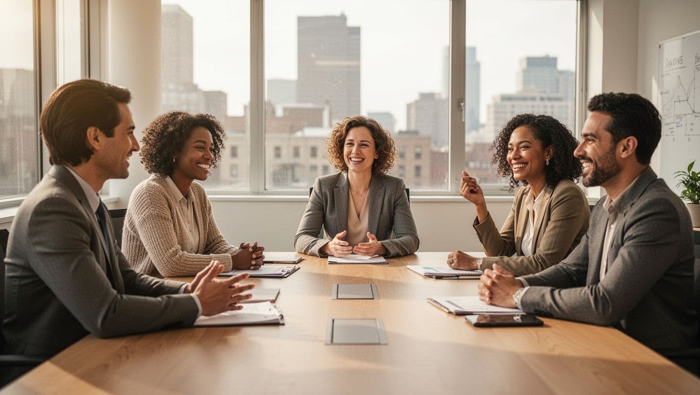 A diverse team of five adults in a bright conference room holds an inclusive meeting, with the manager at the front listening attentively and team members engaged with relaxed smiles and nods under natural warm lighting.
