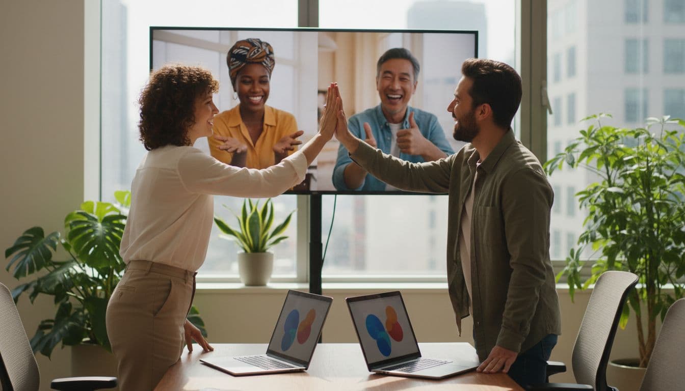 Two colleagues in a bright office high-five over open laptops, with two diverse team members smiling and gesturing on wall-mounted screens, in a modern workspace with plants and warm lighting.
