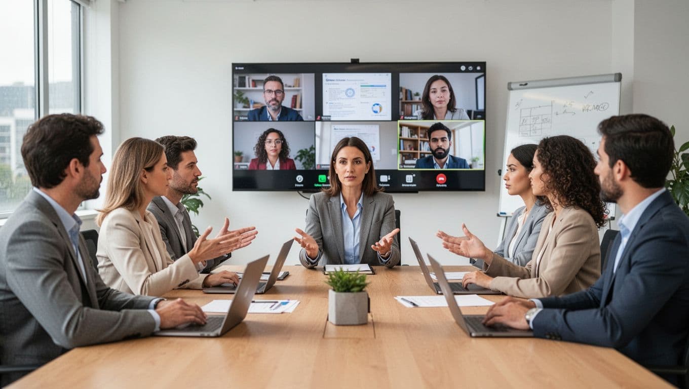 A realistic scene of a hybrid team meeting in a bright conference room with exactly five people: some in office, others on video call. The manager listens attentively with inclusive gestures, soft lighting, no logos or screen text.