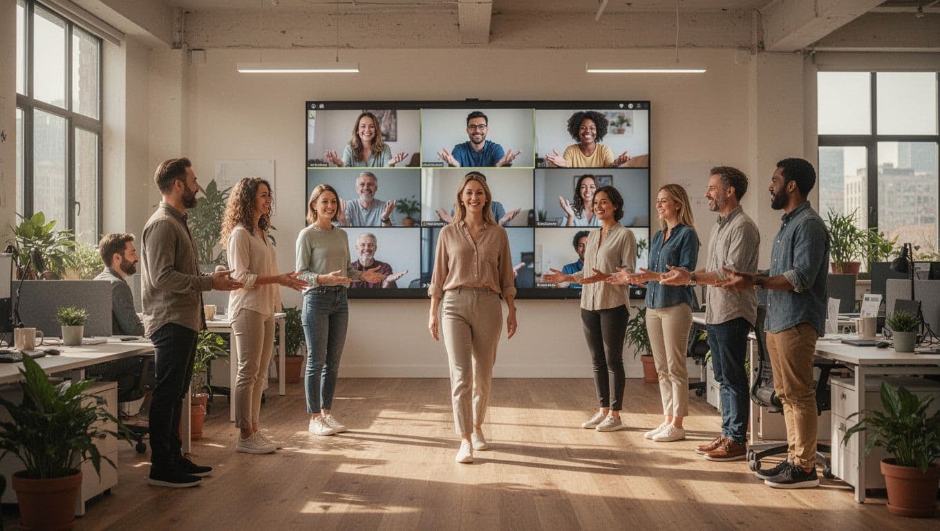 A photorealistic image of exactly eight work colleagues in a low-pressure wellness activity: some walking relaxed in a bright open office, others joining via remote video call, with inclusive options for different abilities in a welcoming environment.