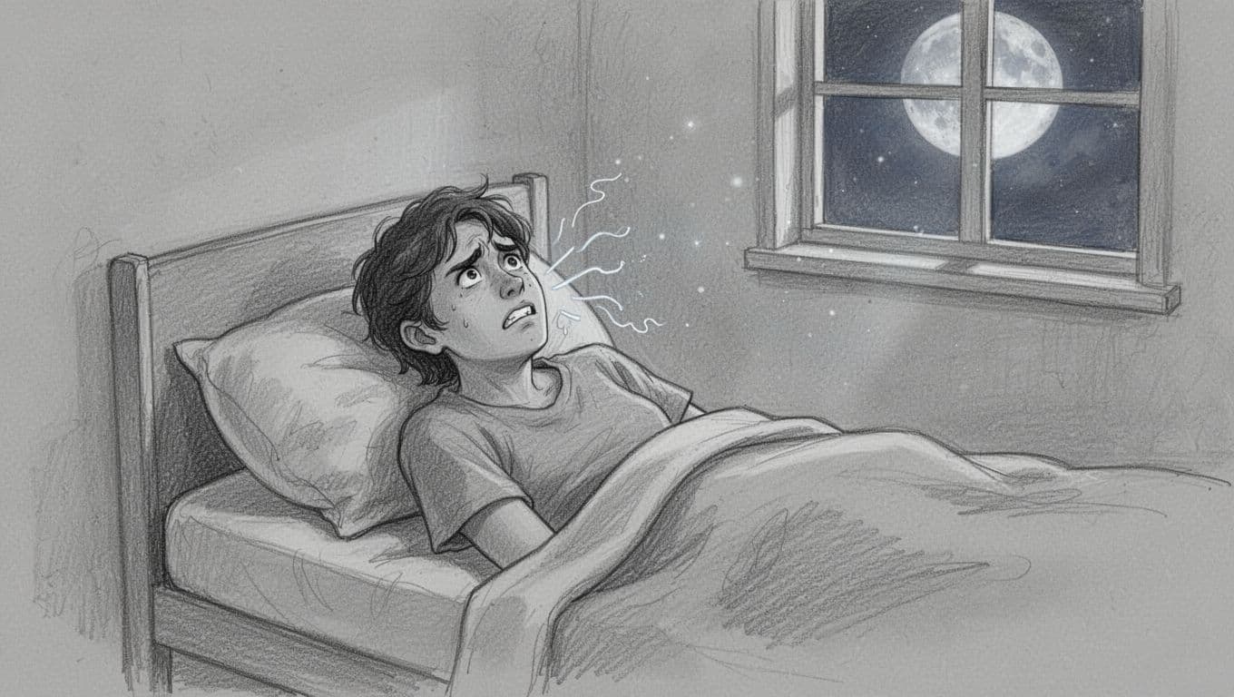 Side view from above of a young adult lying awake in a simple bed at night, tense shoulders hunched, clenched jaw, shallow rapid breathing, worried expression staring at ceiling. Hand-drawn graphite sketch with light shading on clean gray paper, minimal bedroom with moonlit window.