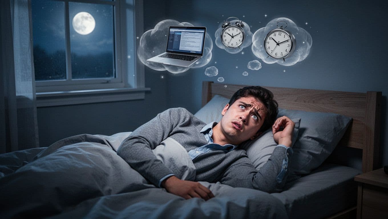 Hand-drawn sketch of a young professional tossing and turning in bed at night, eyes wide open with worry lines, subtle thought clouds of work laptop and clock, simple bedroom with moonlight.