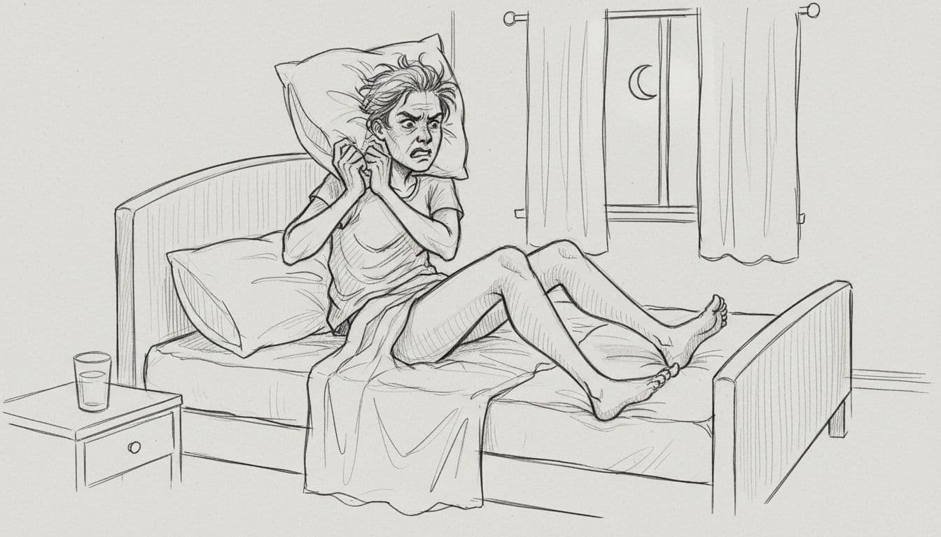 A single person tosses and turns in bed at night in a simple bedroom, showing frustration from inability to sleep. Hand-drawn graphite sketch with light shading on light gray paper background.