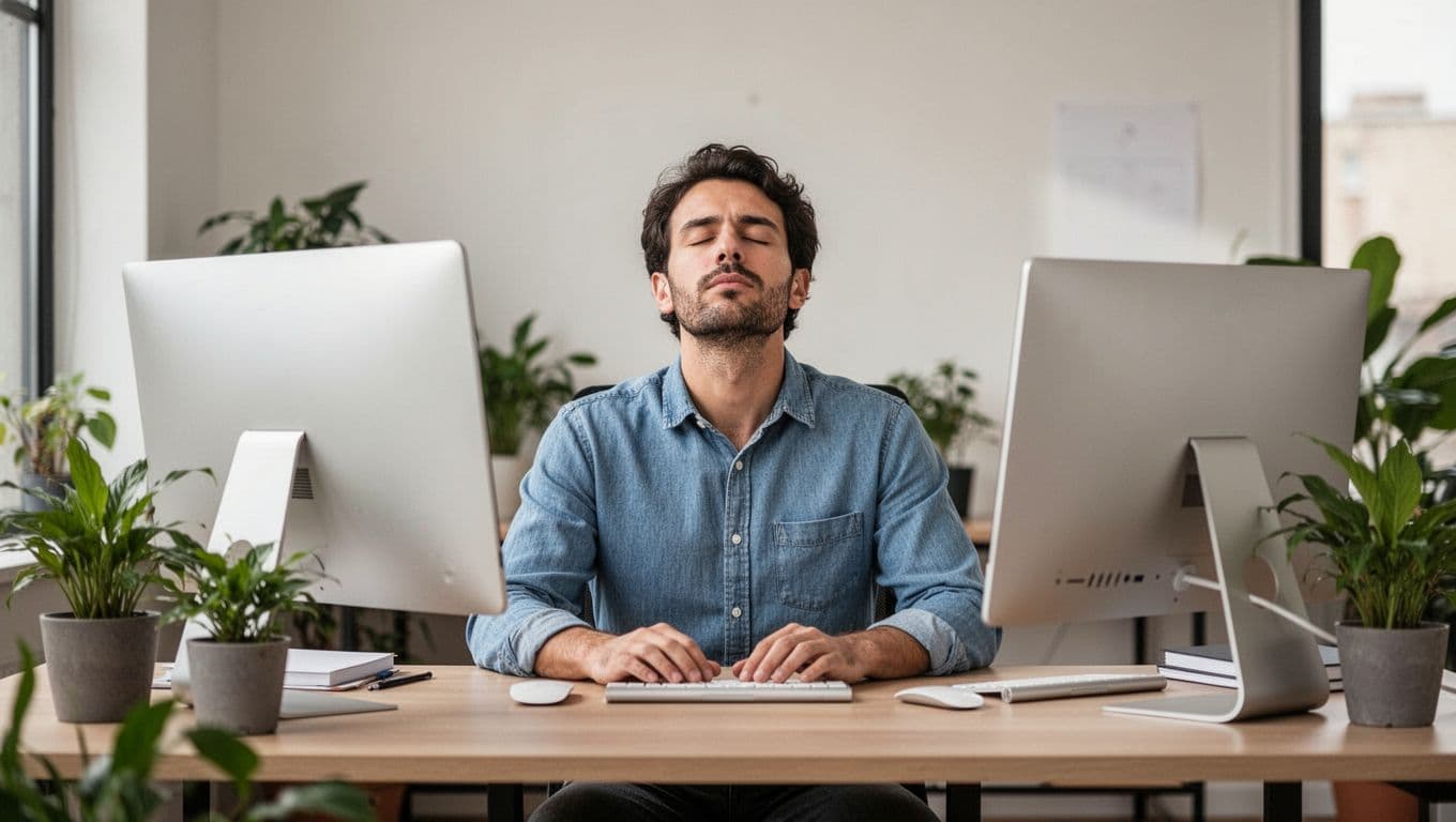 A calm intellectual worker sits at a modern desk, pausing to breathe deeply with eyes closed, surrounded by a computer and plants under soft natural light in a realistic photography style.
