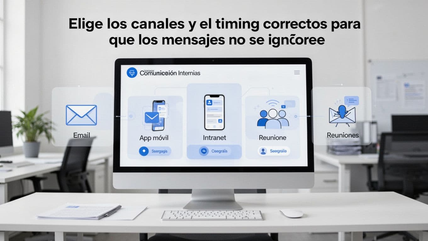 Digital dashboard on office computer screen showing simple icons for internal channels like email, mobile app, intranet, and meetings. Clean modern illustration with minimalist corporate background, neutral lighting, no people or text.