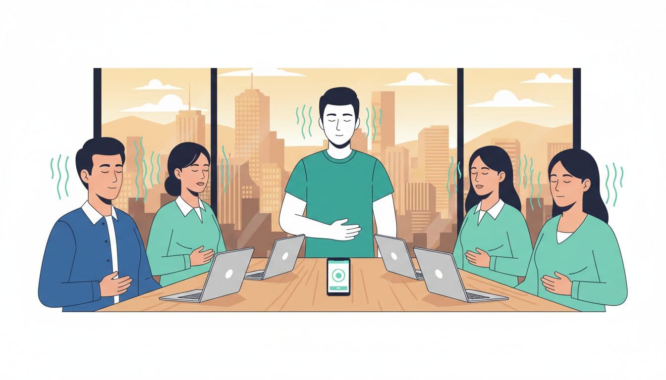 Modern illustration of five mixed Asian and Latin IT developers in a Mexico City open office, pausing laptops for a guided breathing micro-break with hands on abdomen, phone app centered on table, calm focused expressions, and sunset skyline through large window.