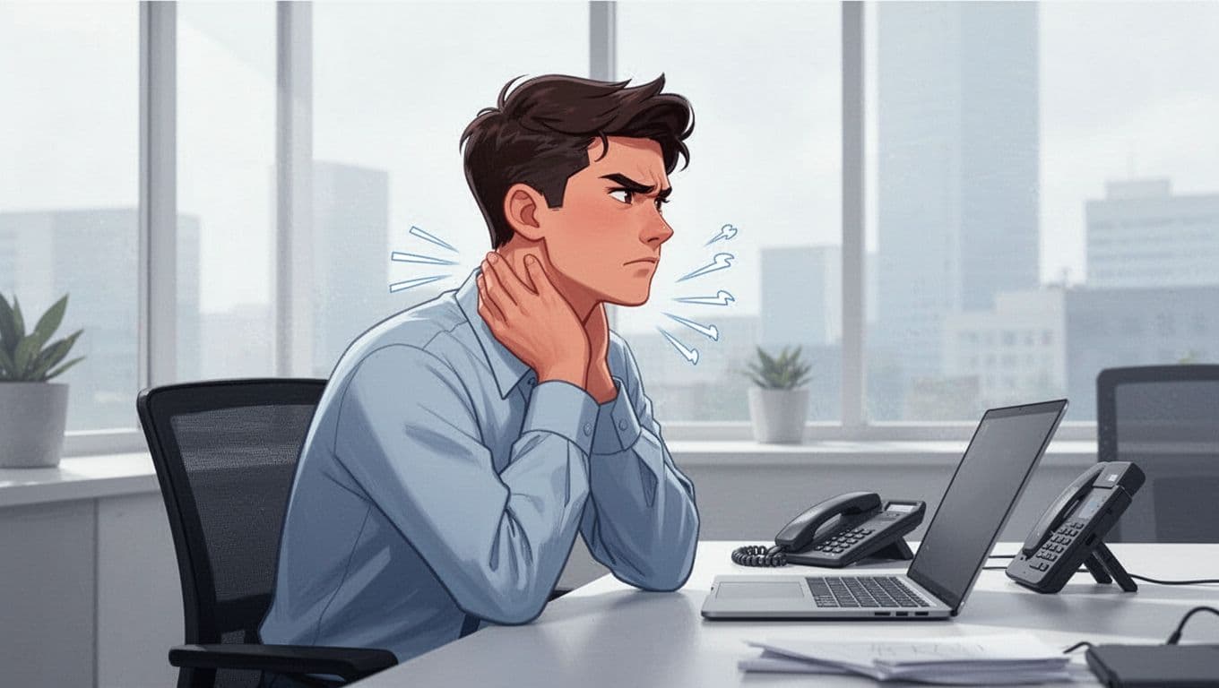 Ilustración de un joven profesional sentado en escritorio de oficina mostrando tensión en hombros elevados, mano en cuello rígido, expresión alerta con cejas fruncidas y pecho elevado, en entorno luminoso minimalista.