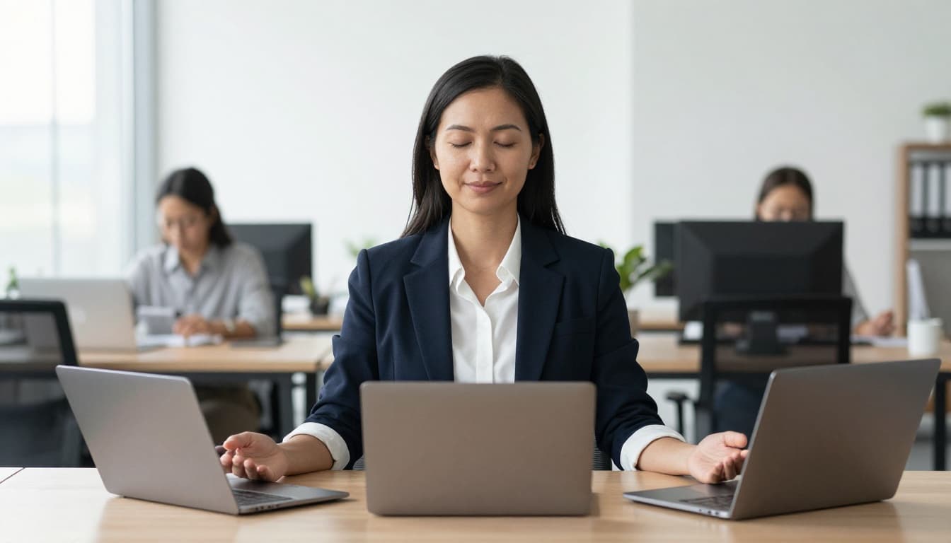 A mid-30s diverse professional sits comfortably at a modern office desk with laptop aside, eyes closed in calm breathwork, hands relaxed on lap palms up, subtle smile under soft natural window light. Realistic photo style with no other people, text, logos, or borders.