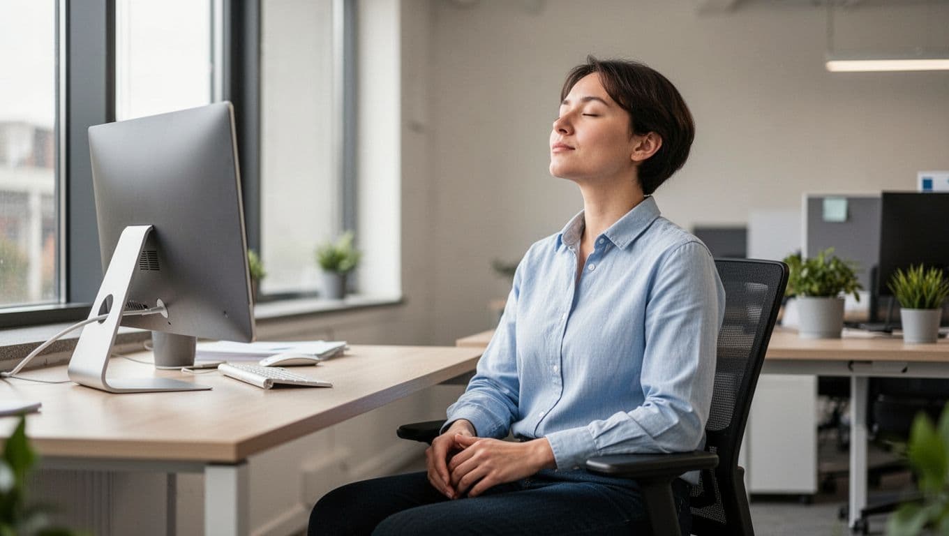 A single knowledge worker sits at a modern office desk, pausing from computer work to take a deep breath with eyes closed and hands relaxed on lap, bathed in soft natural light from a window, creating a calm atmosphere.