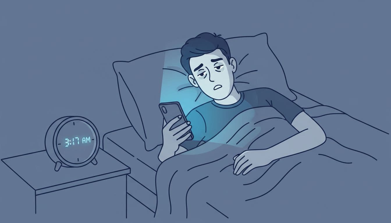 A young professional lies in bed late at night, holding a phone with heavy eyelids and tired eyes illuminated by the blue screen glow, amid rumpled sheets and a clock showing a late hour.