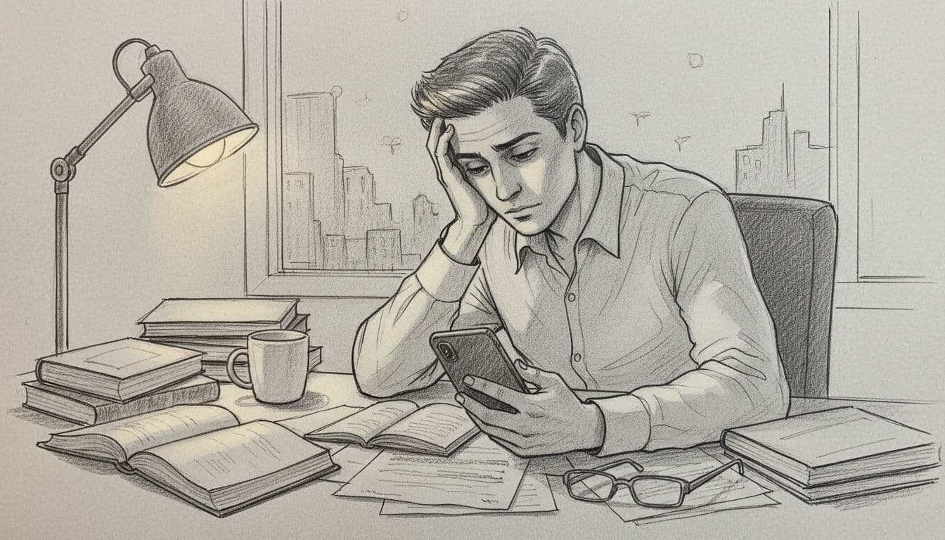 Hand-drawn graphite sketch of a single young professional at a cluttered desk late evening, head in hand with tired eyes looking at angled phone (screen not visible), dim warm lamp light, subtle city window view on clean light gray background.