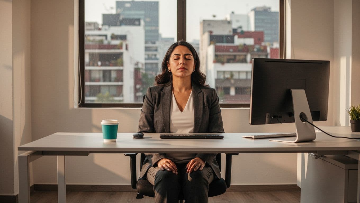 Modern illustration of a single Latina professional at her minimalist CDMX office desk, practicing a discreet micro-breathing pause with eyes gently closed, relaxed hands on knees, and calm posture.
