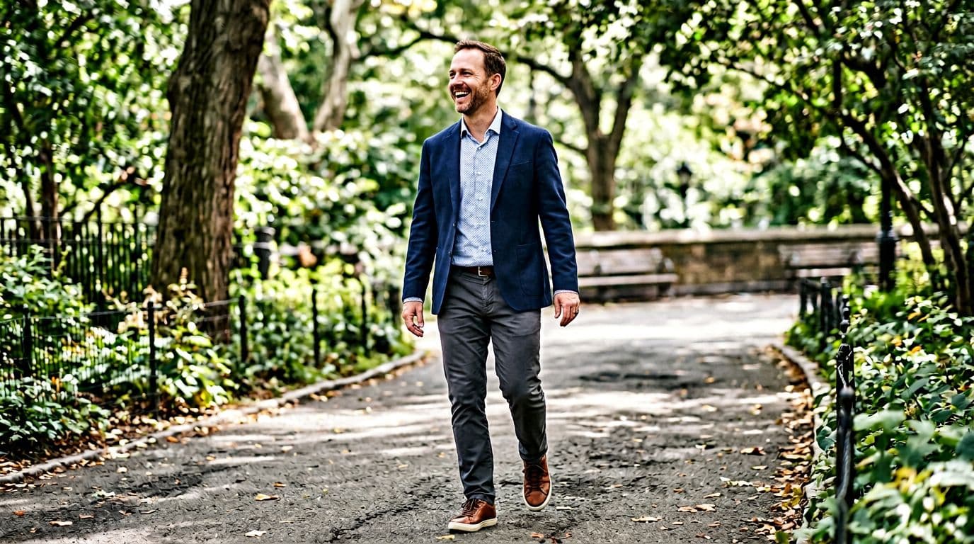 Lifestyle portrait of a male coach laughing while walking on a shaded urban park path, business casual outfit, candid feel, natural light, low angle dynamic composition, blurred greenery background.