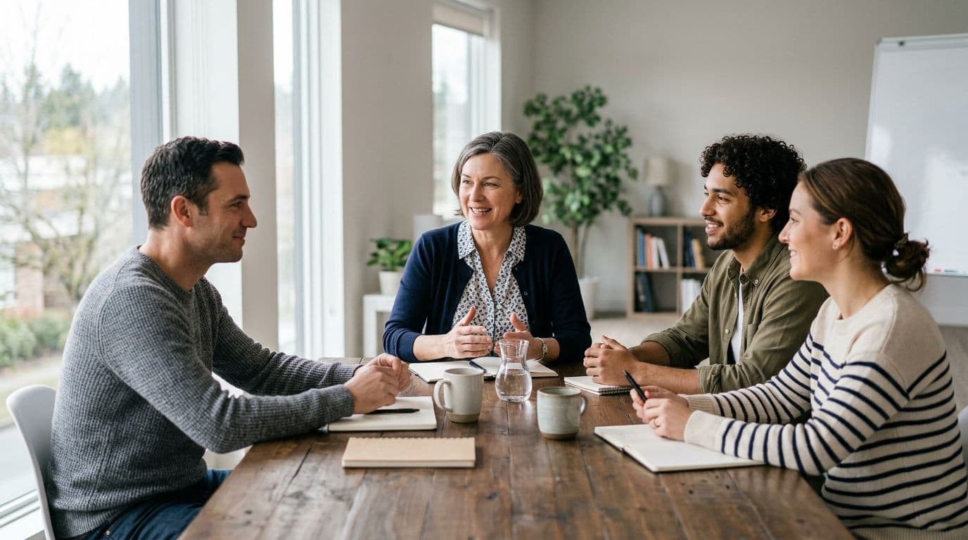 Exactly one leader discusses with a small team of three around a table in a simple modern office, calm atmosphere with natural daylight and soft lighting, focusing on relaxed faces and attentive listening.