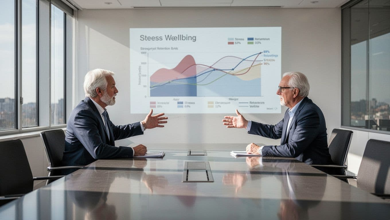 A professional leadership team in a meeting room collaborates around a table, gesturing at charts from a wellbeing dashboard projected on the wall displaying stress rates and retention trends, in natural daylight.