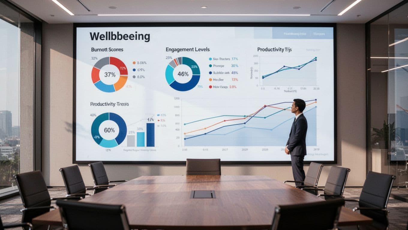 Modern executive dashboard on a large screen in a corporate office conference room displaying wellbeing metrics like burnout scores, engagement levels, and productivity trends with charts, graphs, and real-time visualizations. Exactly one person in business attire views it from afar under soft office lighting, clean professional design, landscape composition.
