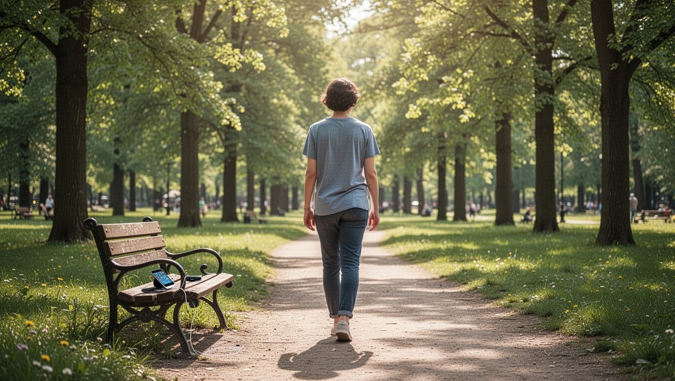 A person walks relaxed along a natural path in a sunny park, looking at trees, with their phone left on a bench behind them. Realistic photo style with soft lighting, exactly one person, no devices in hand.
