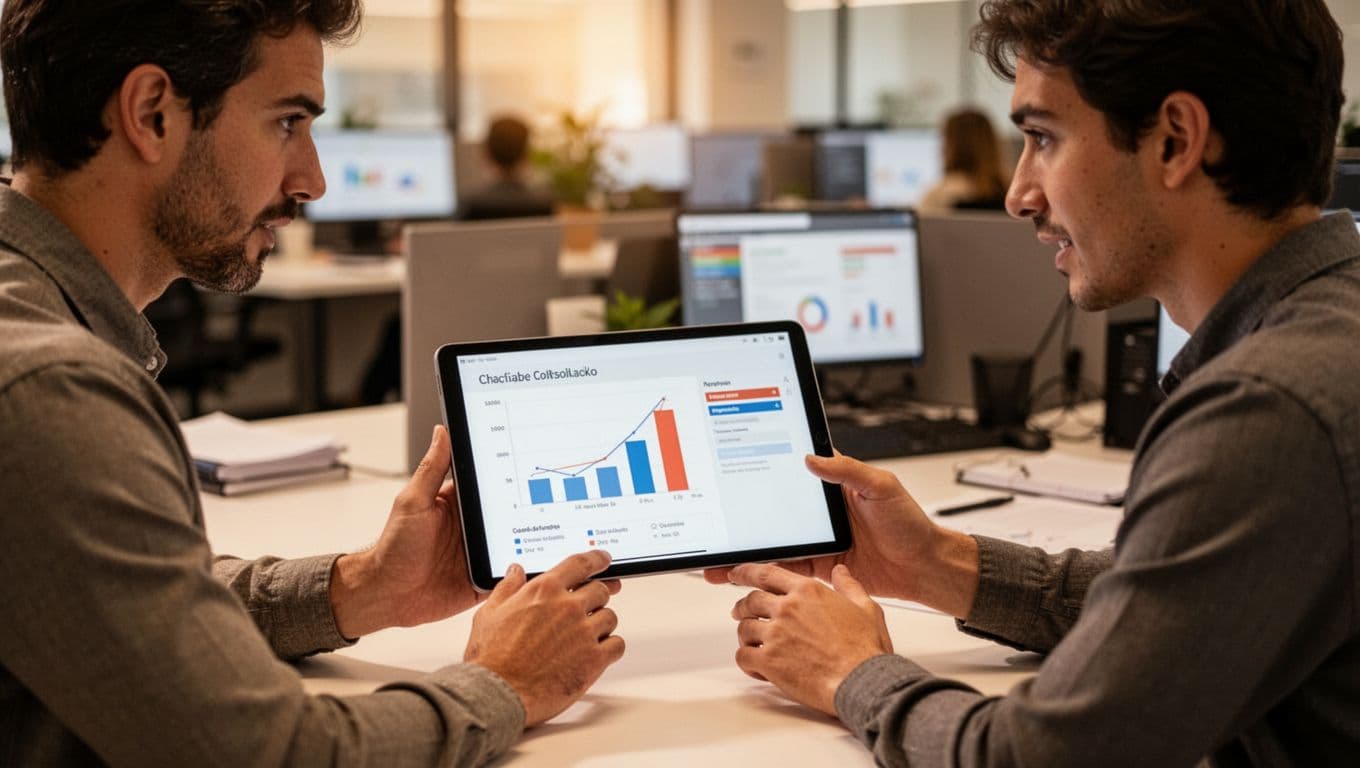 Un líder examina un gráfico simple de carga de trabajo en una tablet junto a un miembro del equipo en un entorno de oficina con iluminación cálida y discusión enfocada.
