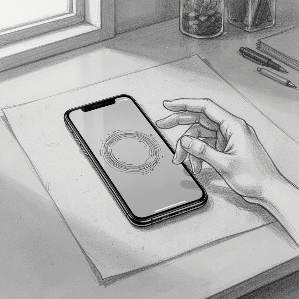 Hand-drawn graphite sketch of a locked smartphone screen with implied breathing circle animation, relaxed hand nearby on minimal desk clutter, light shading on very light gray paper background.